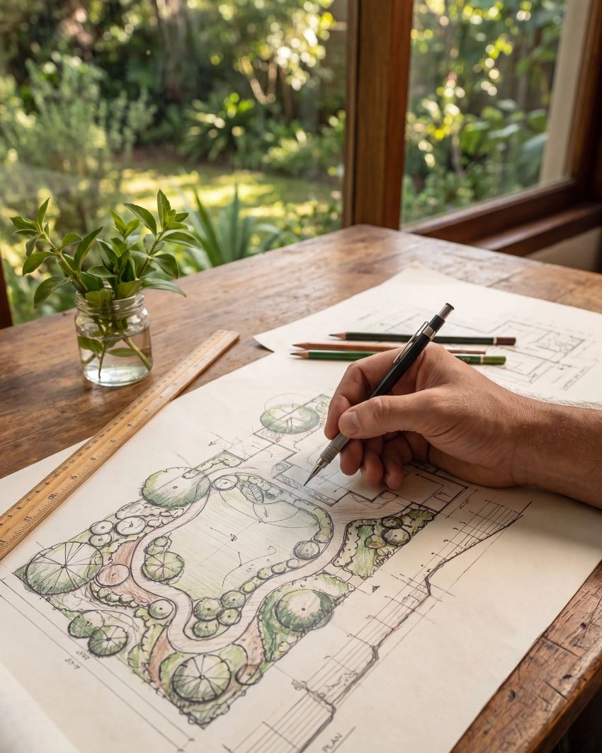 Tuinrenovatie ontwerptekening van een nieuwe tuinindeling