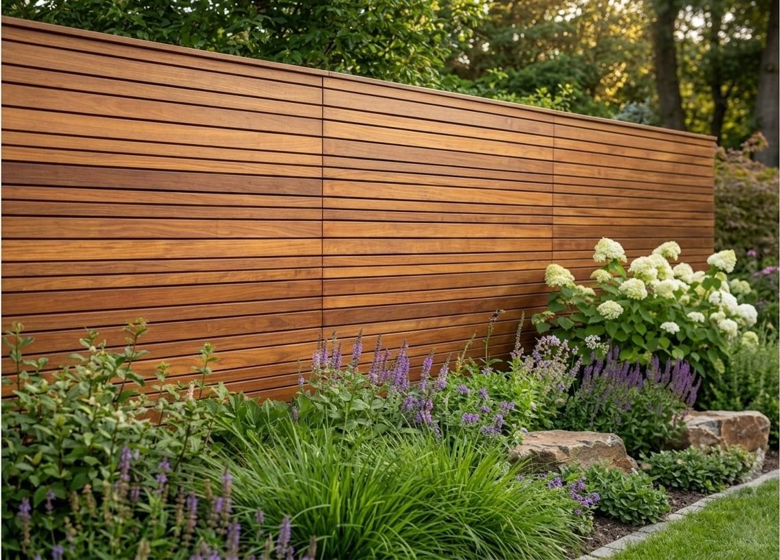 Strakke houten schutting met verticale planken langs een border met vaste planten en siergrassen