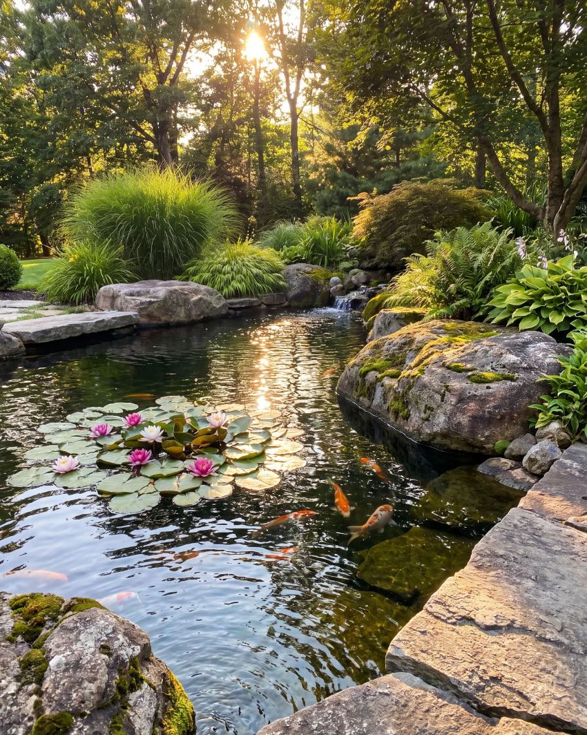 Vijver aanleg met waterlelies, koi vissen en natuurstenen rand in een sierlijke tuin