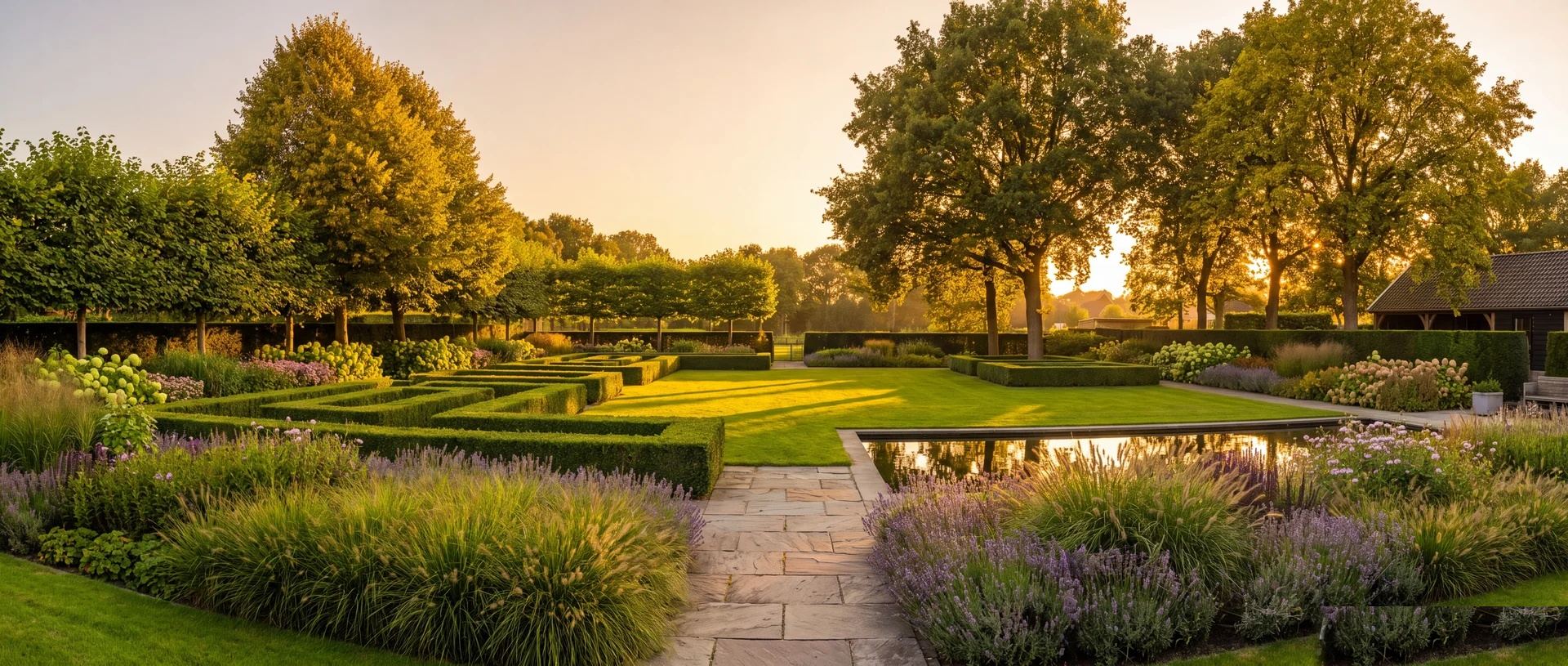 Prachtig aangelegde tuin bij gouden uursverlichting Blokhuis Tuinen